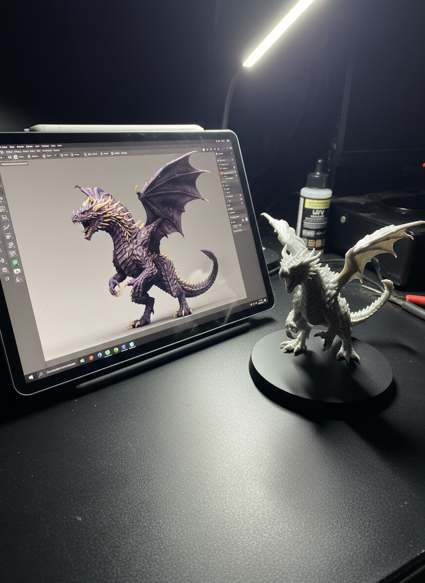 A digital tablet on a matte black desk displaying a highly detailed 3D model of a monstrous dragon miniature in a sculpting program, its surface covered in intricate scales and spines. Beside it sits a freshly printed, unpainted resin version of the same dragon on a smooth black plinth, perfectly matching the on-screen model. Subtle reflections from a distant monitor and a single overhead lamp create pools of cold white light, leaving the corners of the workspace in near darkness. Captured in photographic realism from a three-quarter angle, the composition balances screen and physical model, with a focused, creative, and slightly ominous mood that emphasizes custom printing of user-supplied models.